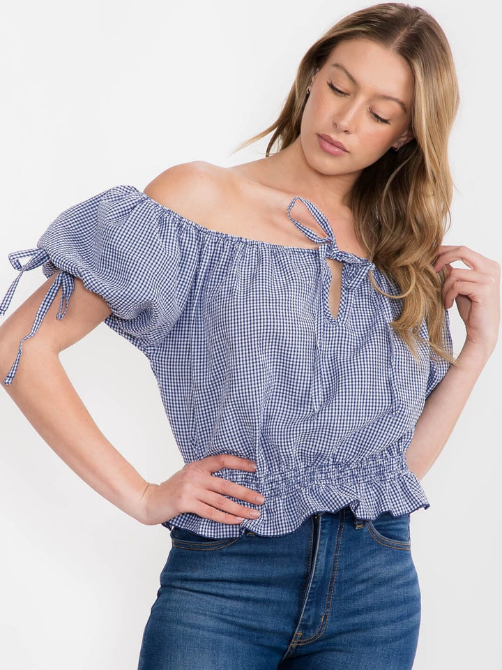 WOMEN'S OFF SHOULDER PLAID ELASTIC WAIST TOP