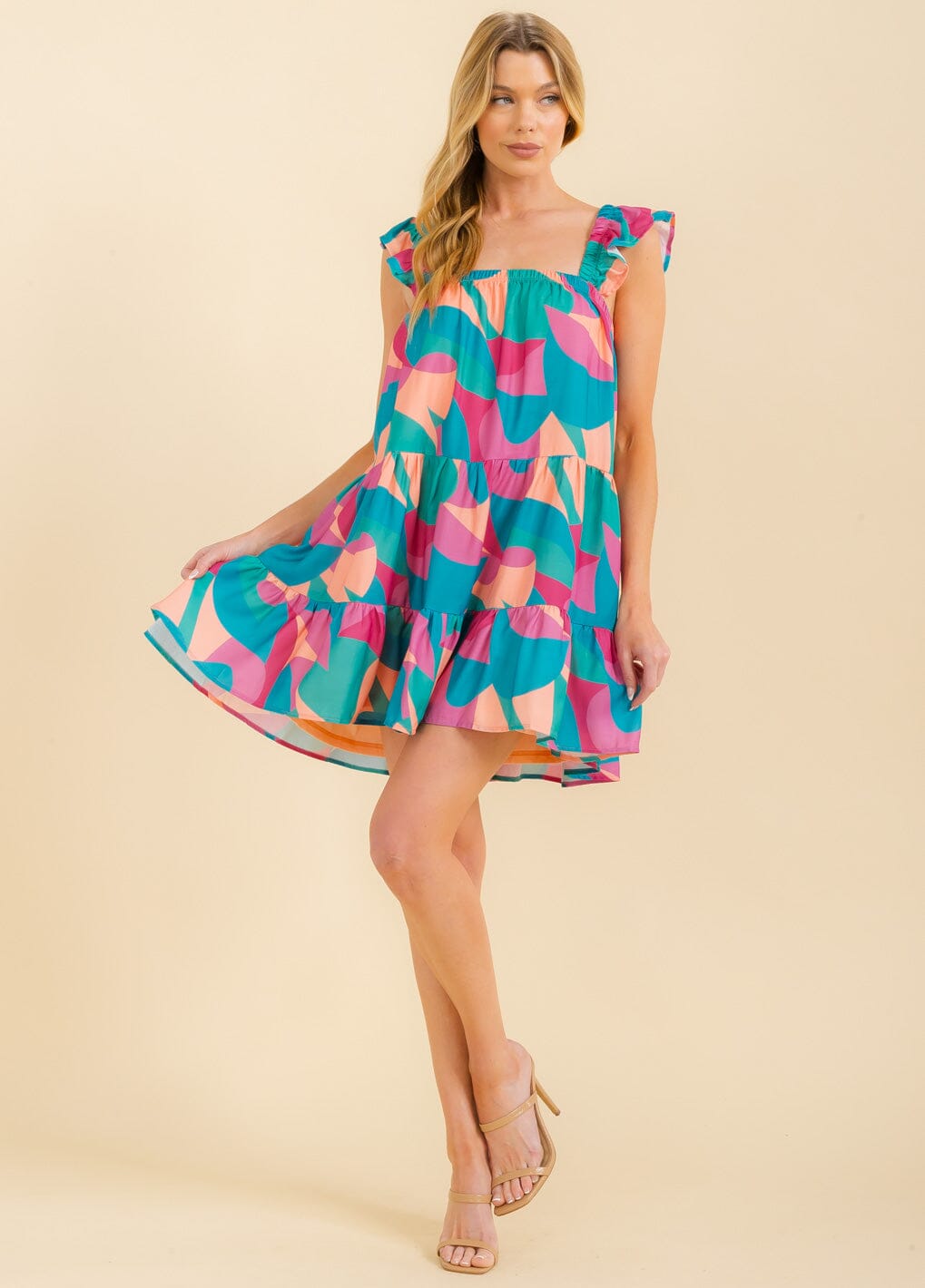 WOMEN'S SLEEVELESS SQUARE NECK MULTI PRINT TUNIC MINI DRESS