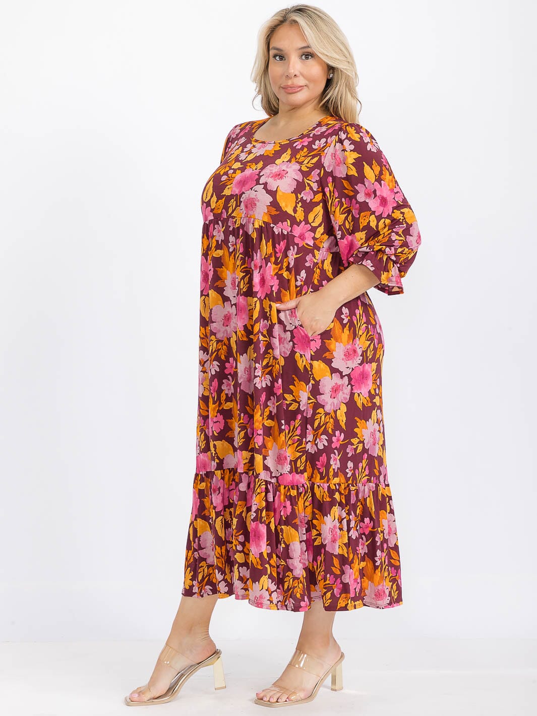 PLUS SIZE 3/4 SLEEVE FRONT POCKETS FLORAL TIERED MAXI DRESS