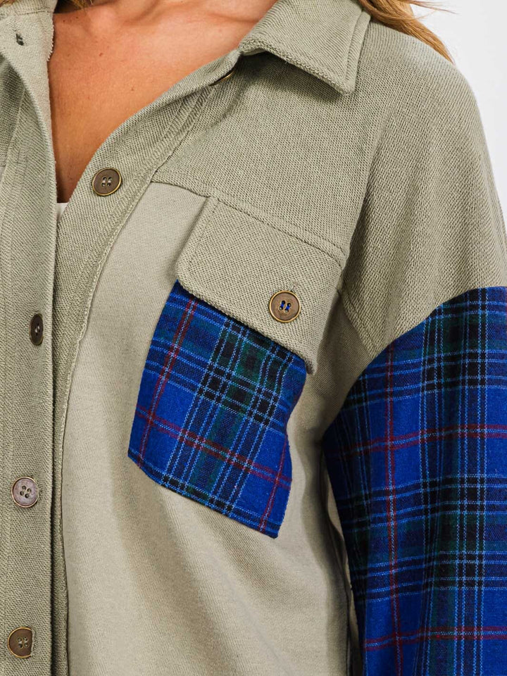 WOMEN'S LONG SLEEVE BUTTON UP FRONT POCKETS PLAID CONTRAST SHIRT TOP