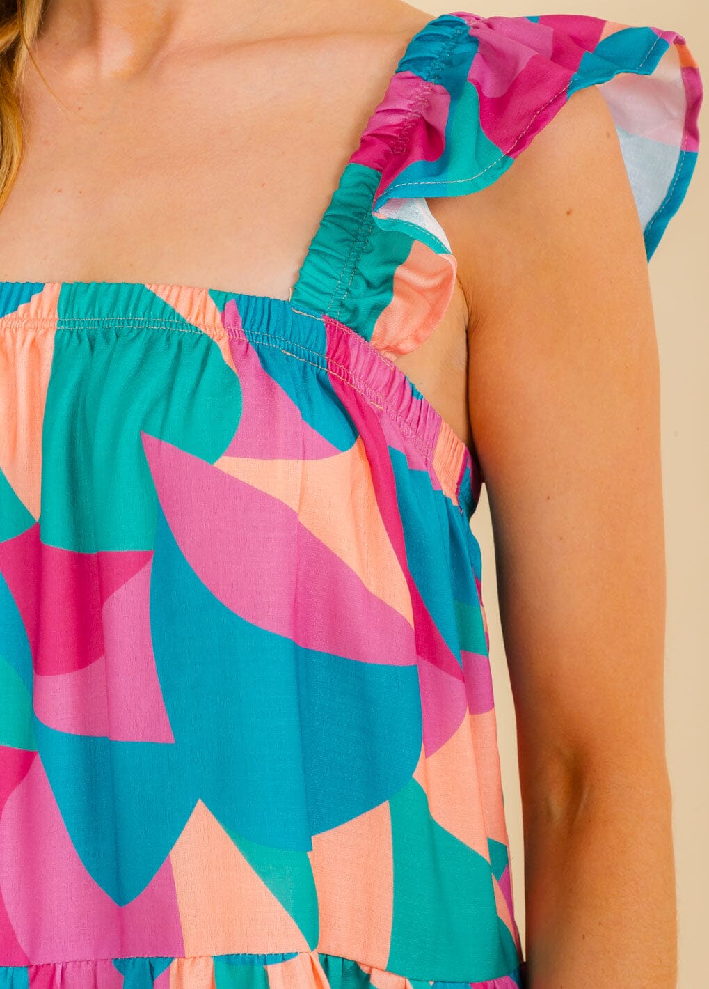 WOMEN'S SLEEVELESS SQUARE NECK MULTI PRINT TUNIC MINI DRESS