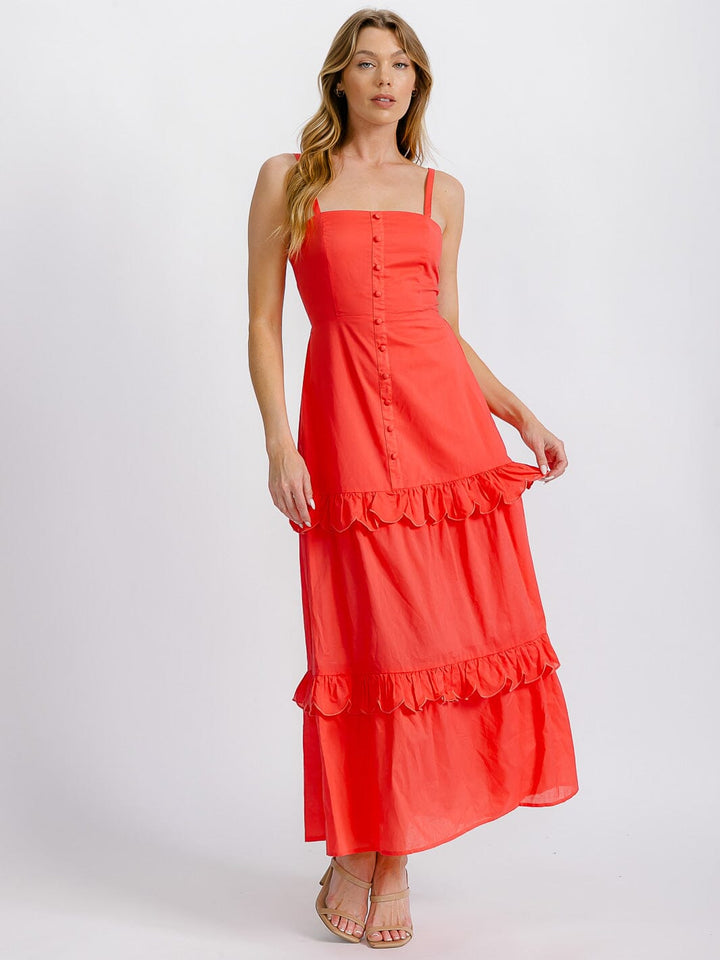 WOMEN'S SLEEVELESS BUTTON DETAILED TIERED RUFFLE OPEN BACK MAXI DRESS
