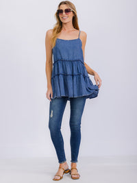WOMEN'S SLEEVELESS TIERED CHAMBRAY TUNIC TANK TOP