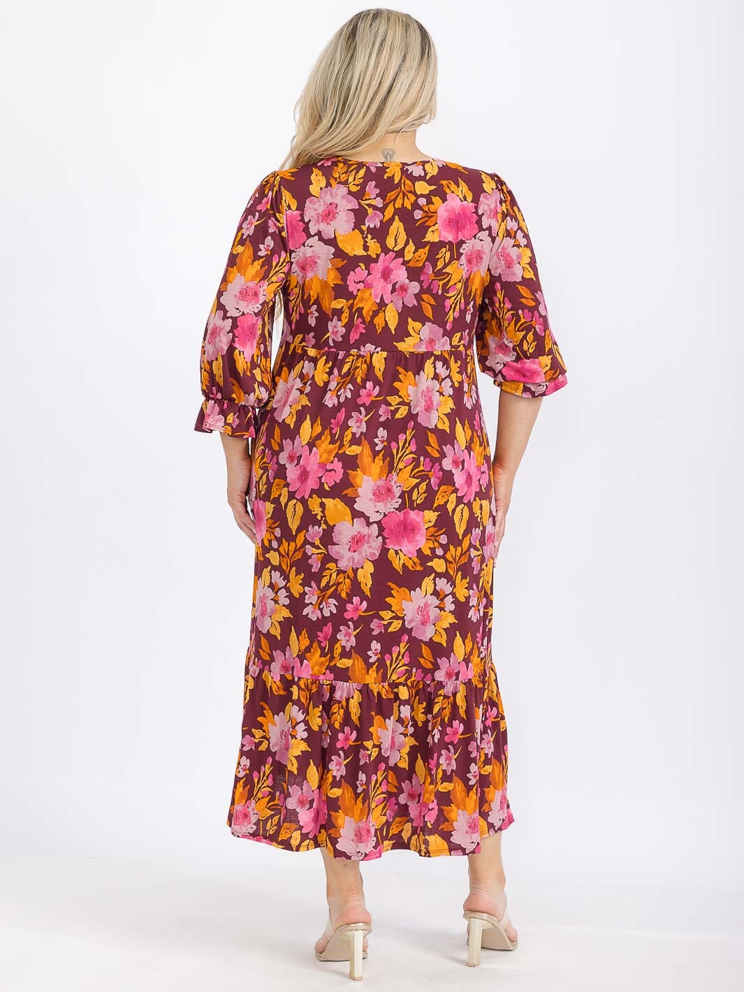 PLUS SIZE 3/4 SLEEVE FRONT POCKETS FLORAL TIERED MAXI DRESS