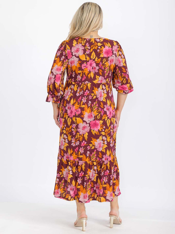 PLUS SIZE 3/4 SLEEVE FRONT POCKETS FLORAL TIERED MAXI DRESS
