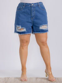 PLUS SIZE ELASTIC WAIST DISTRESSED DENIM SHORT