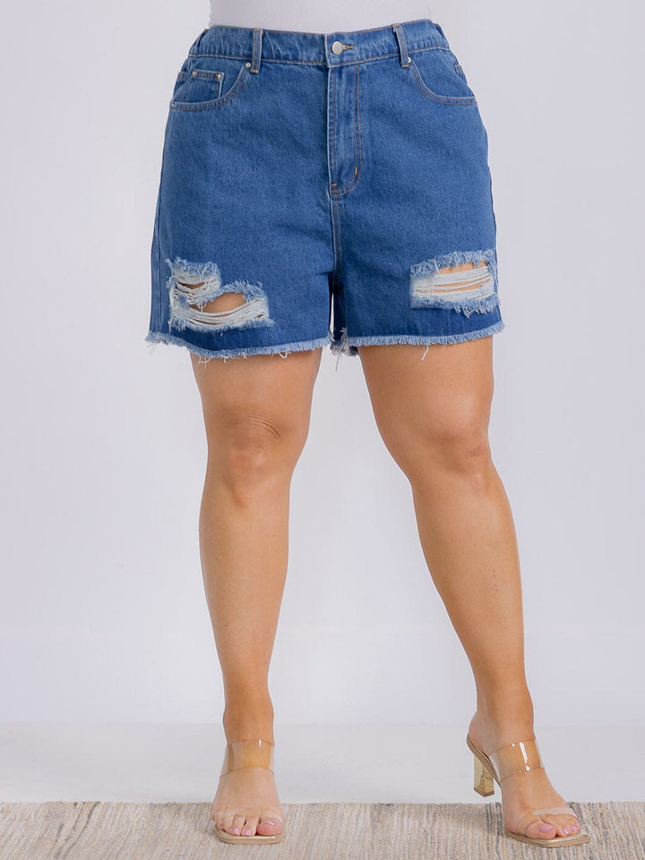 PLUS SIZE ELASTIC WAIST DISTRESSED DENIM SHORT