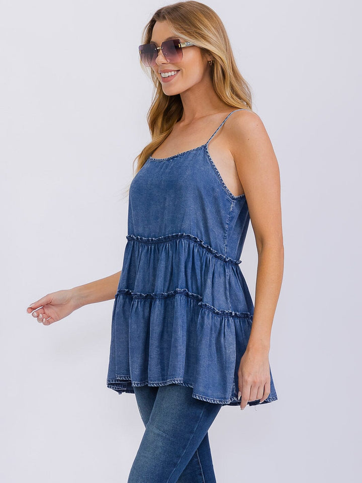 WOMEN'S SLEEVELESS TIERED CHAMBRAY TUNIC TANK TOP