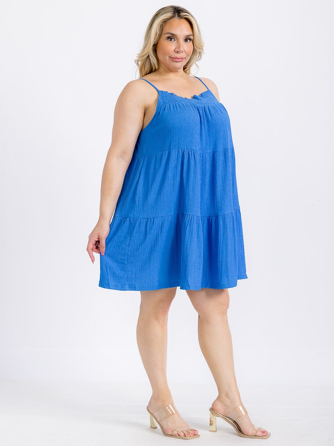 PLUS SIZE SLEEVELESS FRONT POCKETS TIERED TUNIC MINI DRESS