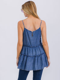 WOMEN'S SLEEVELESS TIERED CHAMBRAY TUNIC TANK TOP