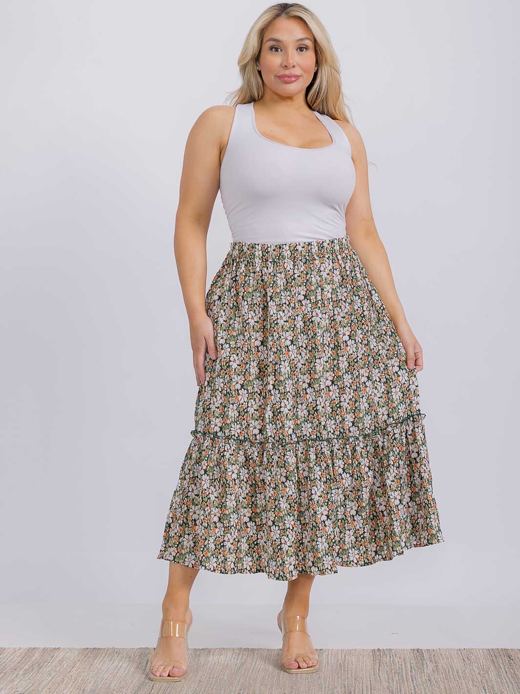 PLUS SIZE ELASTIC WAIST FLORAL MAXI SKIRT