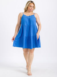 PLUS SIZE SLEEVELESS FRONT POCKETS TIERED TUNIC MINI DRESS