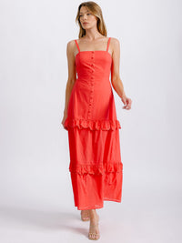 WOMEN'S SLEEVELESS BUTTON DETAILED TIERED RUFFLE OPEN BACK MAXI DRESS