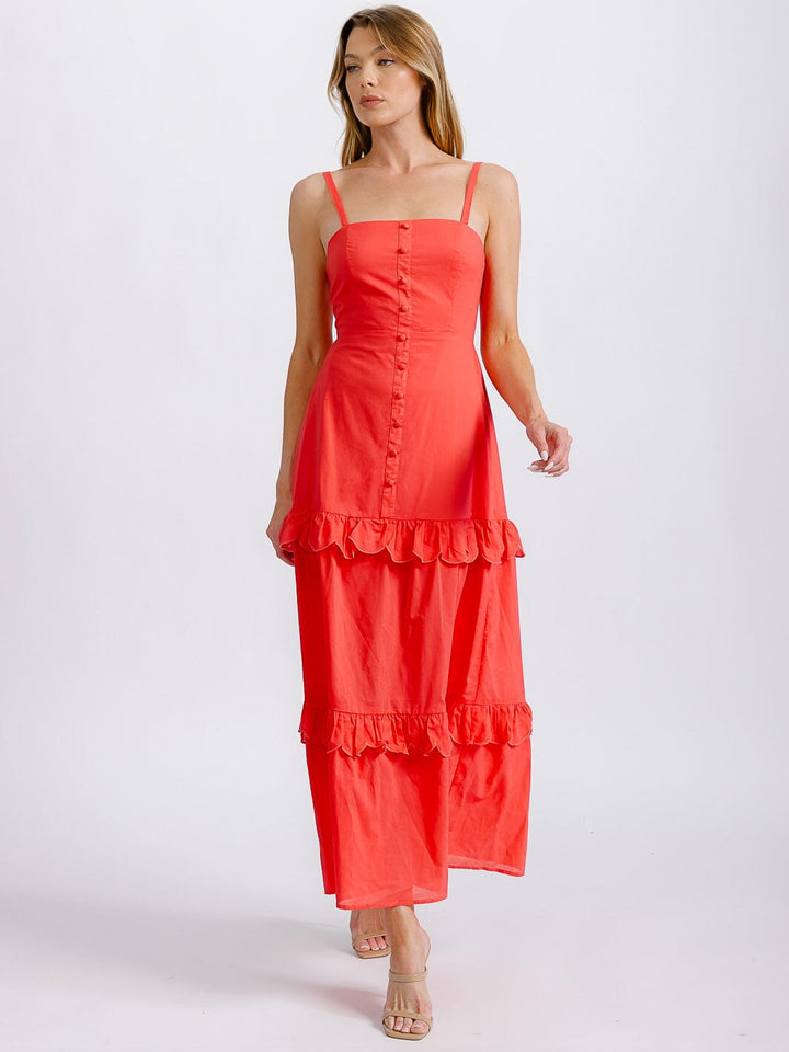 WOMEN'S SLEEVELESS BUTTON DETAILED TIERED RUFFLE OPEN BACK MAXI DRESS