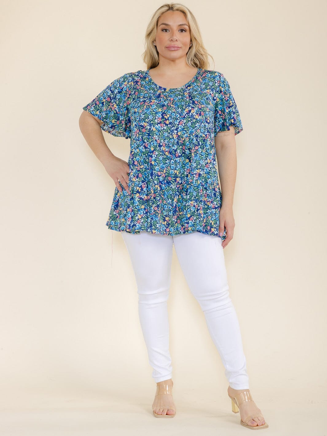PLUS SIZE SHORT SLEEVE FLORAL PRINT TUNIC BLOUSE