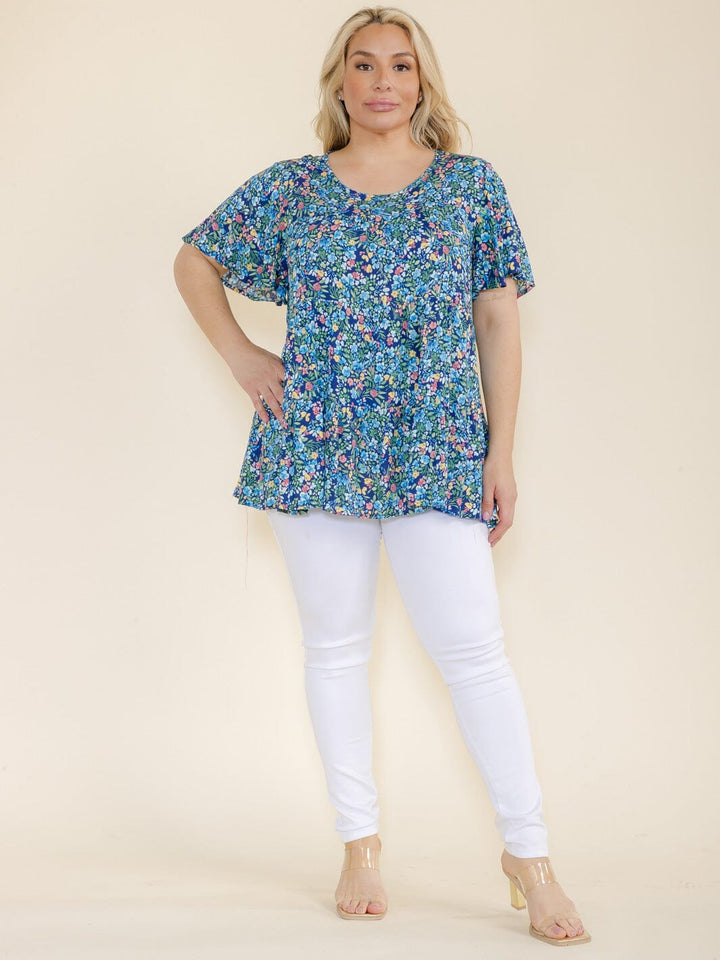 PLUS SIZE SHORT SLEEVE FLORAL PRINT TUNIC BLOUSE