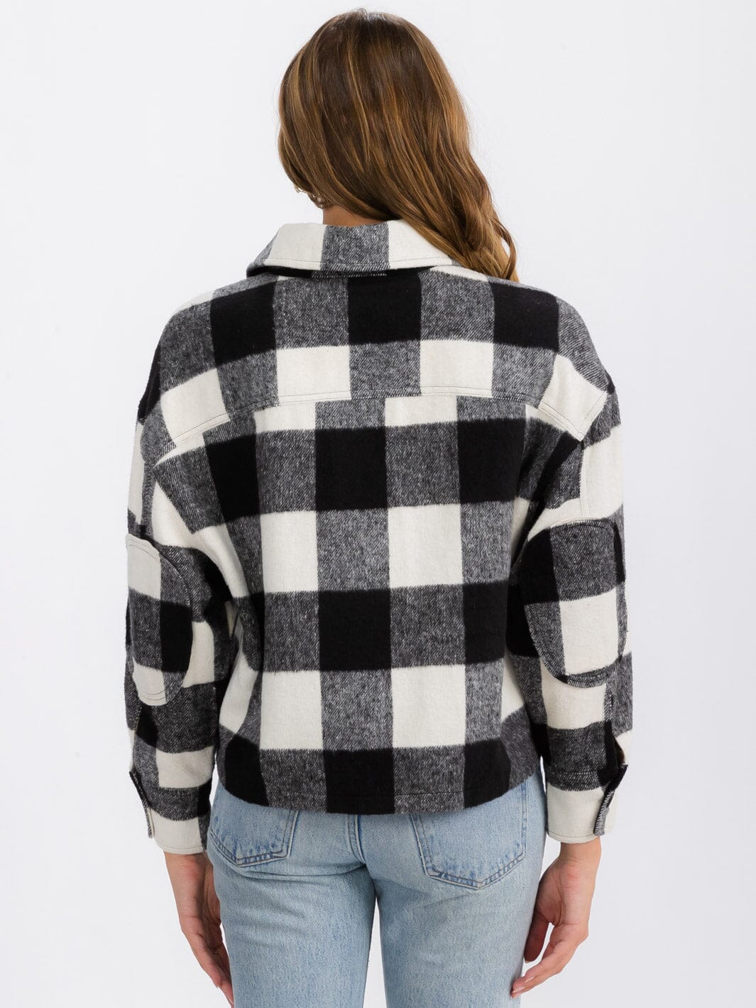 WOMEN'S LONG SLEEVE BUTTON CLOSURE FRONT POCKETS PLAID CROP JACKET