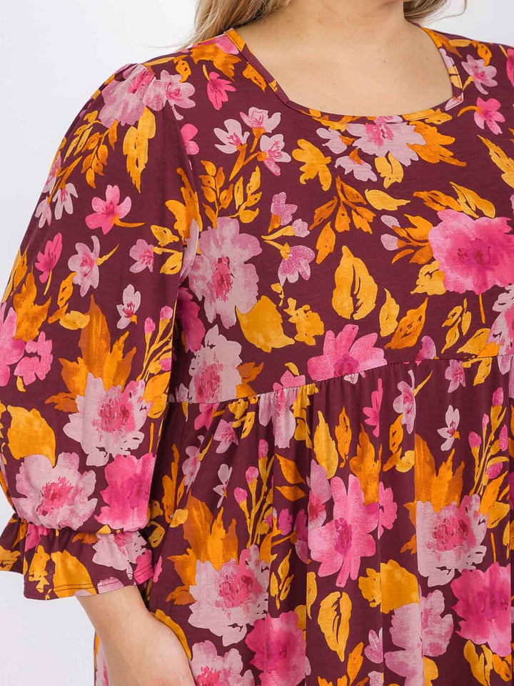 PLUS SIZE 3/4 SLEEVE FRONT POCKETS FLORAL TIERED MAXI DRESS