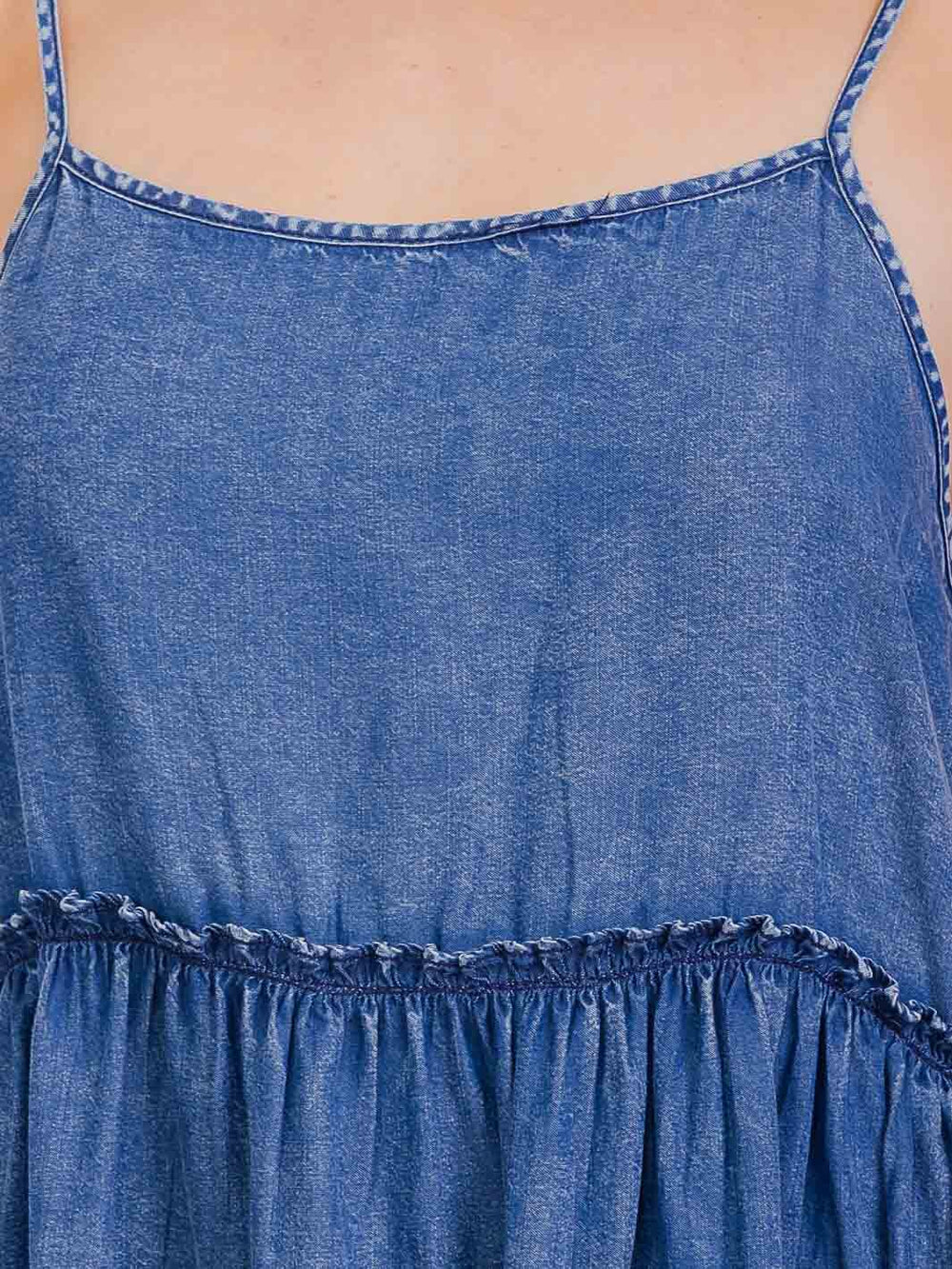 WOMEN'S SLEEVELESS TIERED CHAMBRAY TUNIC TANK TOP