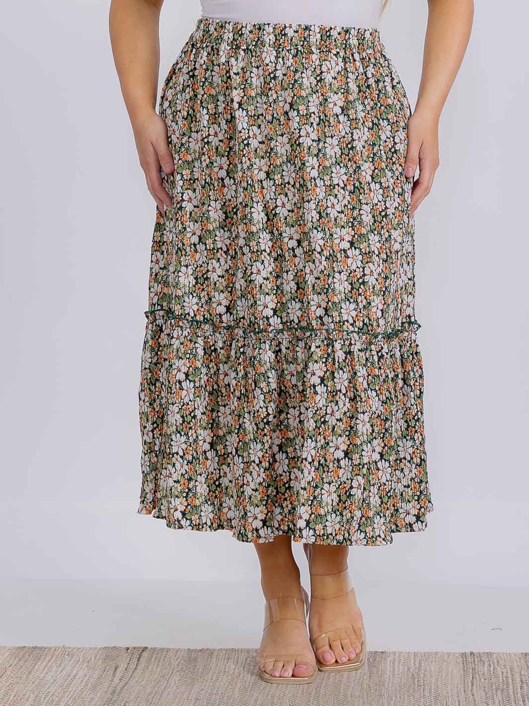 PLUS SIZE ELASTIC WAIST FLORAL MAXI SKIRT