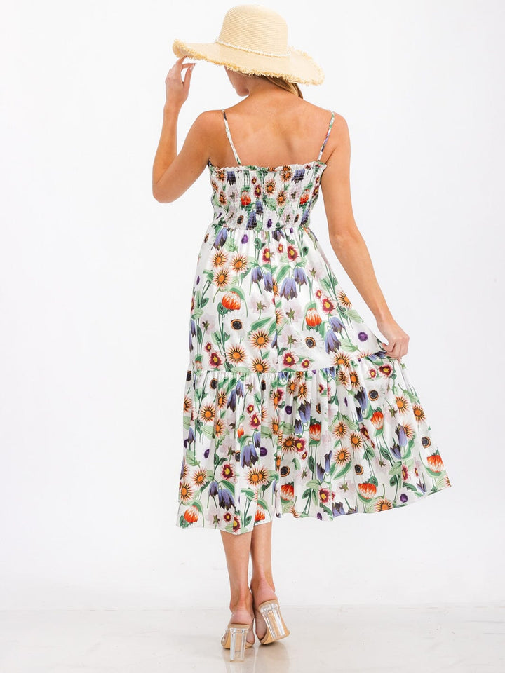 WOMEN'S SLEEVELESS SMOCK TIERED FLORAL PRINT MIDI DRESS