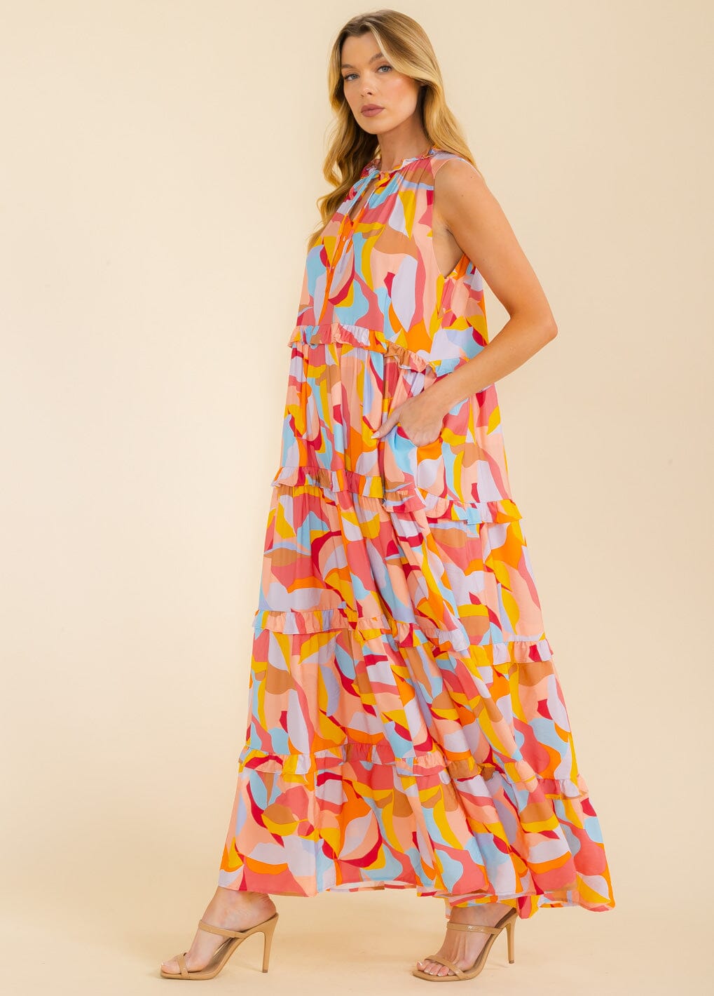 WOMEN'S SLEEVELESS FRONT POCKETS MULTI PRINT TUNIC MAXI DRESS