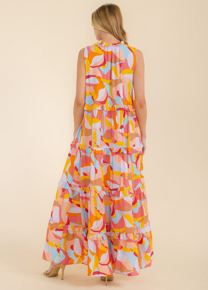 WOMEN'S SLEEVELESS FRONT POCKETS MULTI PRINT TUNIC MAXI DRESS