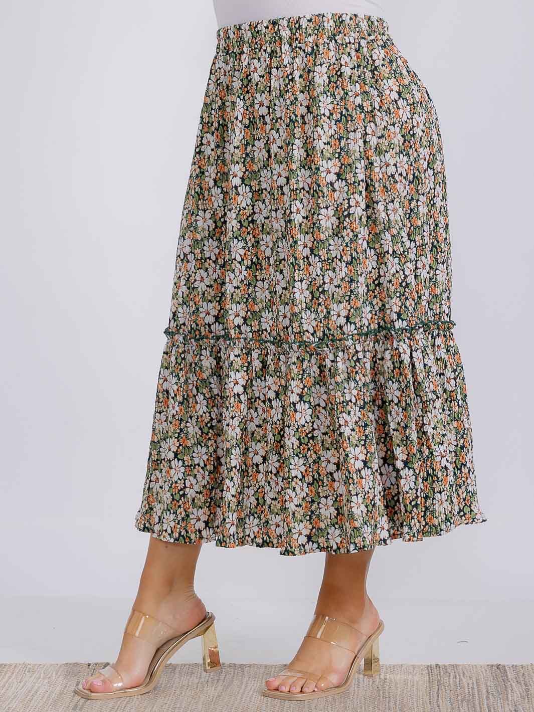 PLUS SIZE ELASTIC WAIST FLORAL MAXI SKIRT