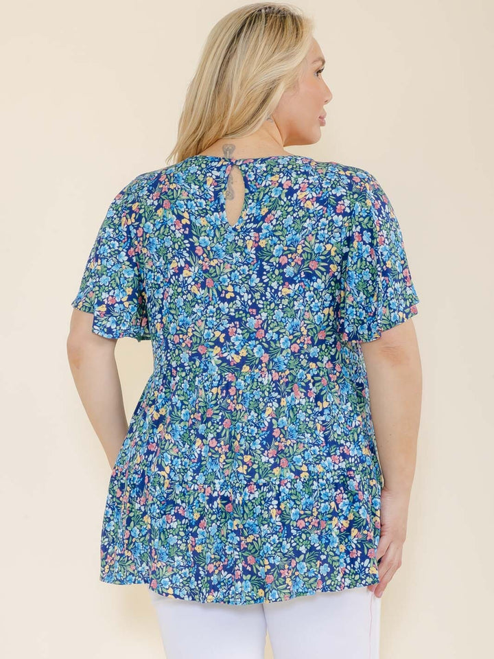 PLUS SIZE SHORT SLEEVE FLORAL PRINT TUNIC BLOUSE