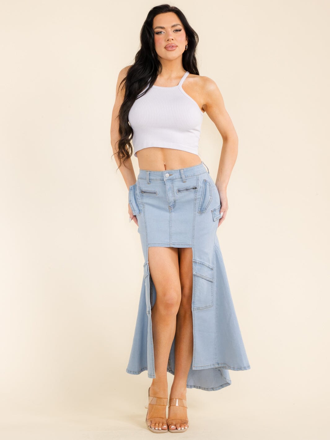 WOMEN'S BUTTON CLOSURE HIGH-LOW DENIM MAXI SKIRT