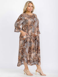 PLUS SIZE 3/4 SLEEVE FRONT POCKETS ANIMAL PRINT RUFFLE BOTTOM HEM MAXI DRESS