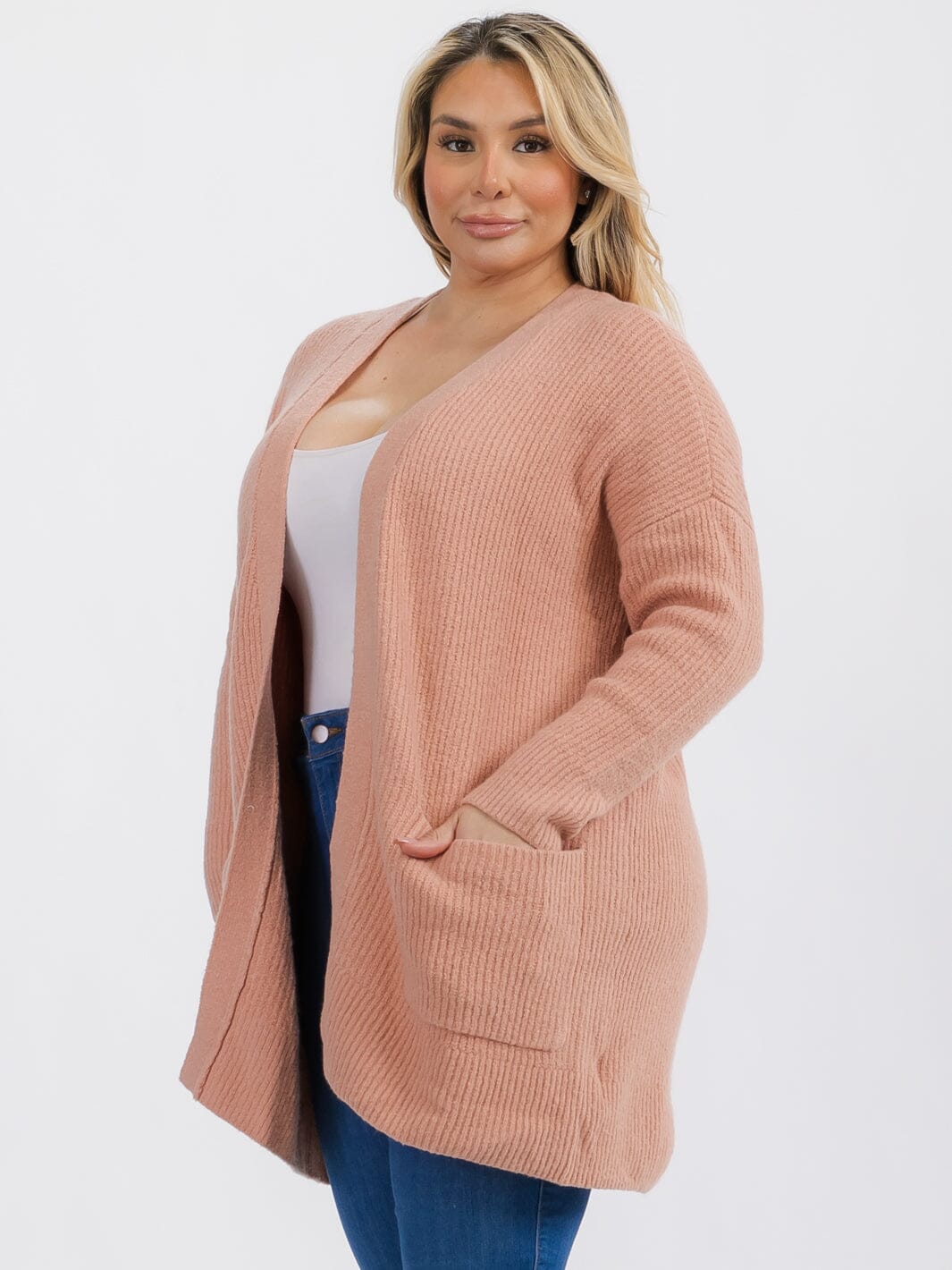 PLUS SIZE LONG SLEEVE OPEN FRONT POCKETS CARDIGAN