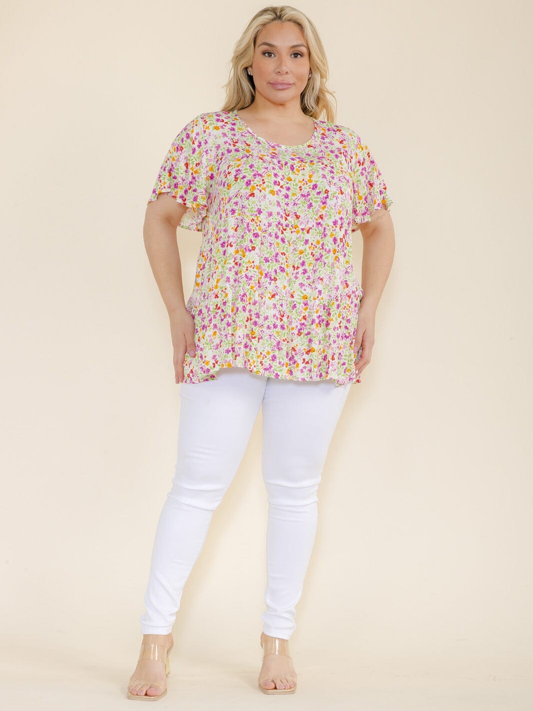 PLUS SIZE SHORT SLEEVE FLORAL PRINT TUNIC BLOUSE