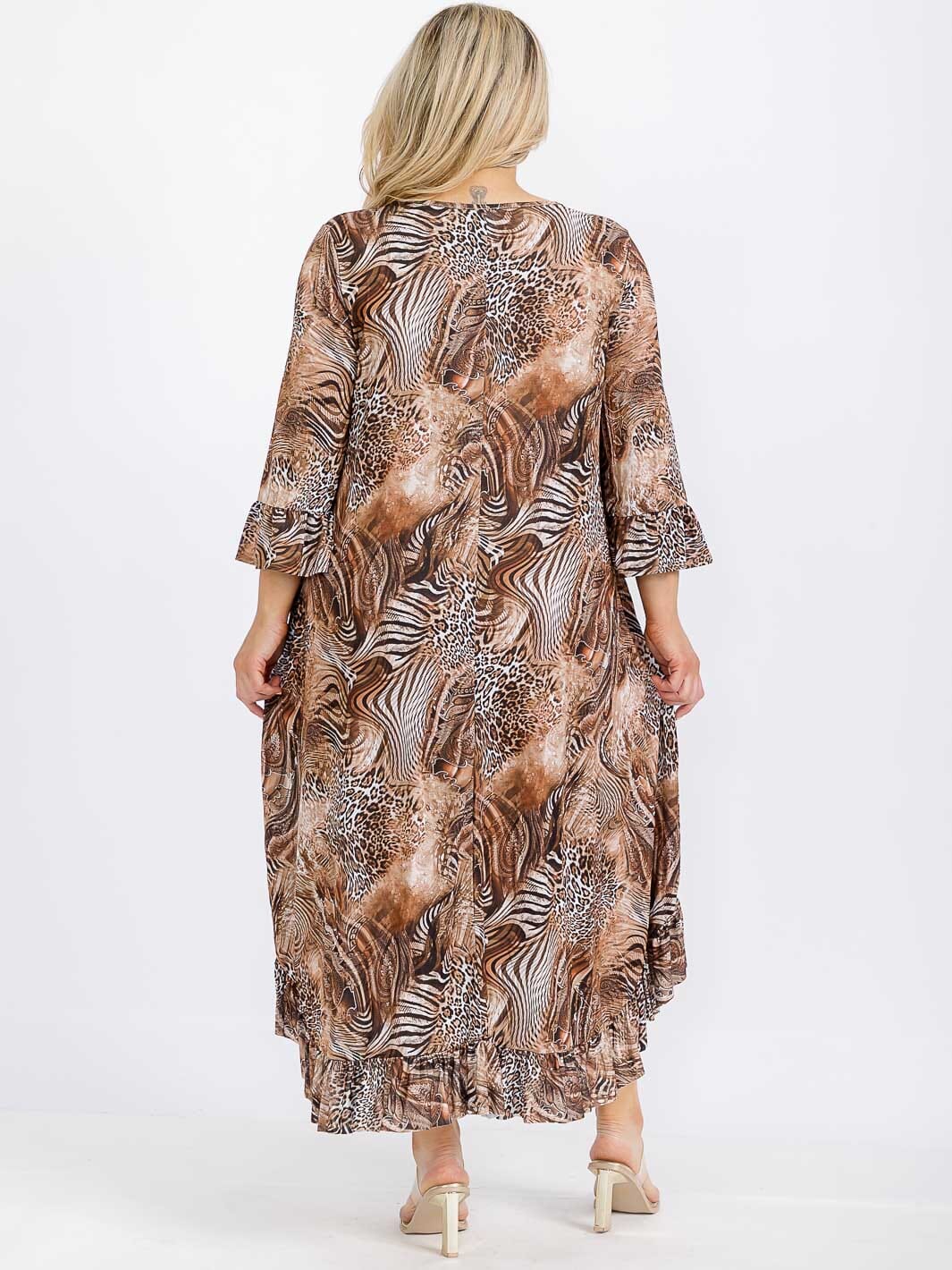 PLUS SIZE 3/4 SLEEVE FRONT POCKETS ANIMAL PRINT RUFFLE BOTTOM HEM MAXI DRESS
