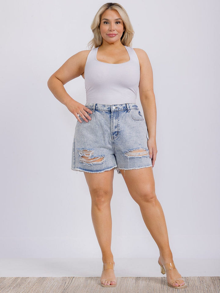 PLUS SIZE ELASTIC WAIST DISTRESSED DENIM SHORT
