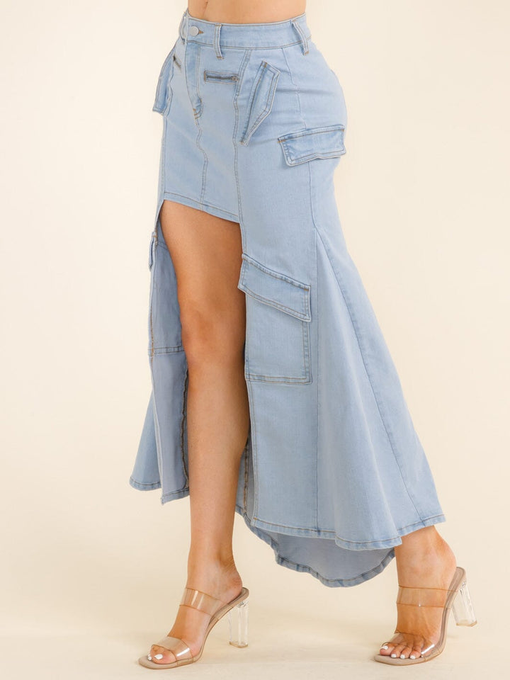 WOMEN'S BUTTON CLOSURE HIGH-LOW DENIM MAXI SKIRT
