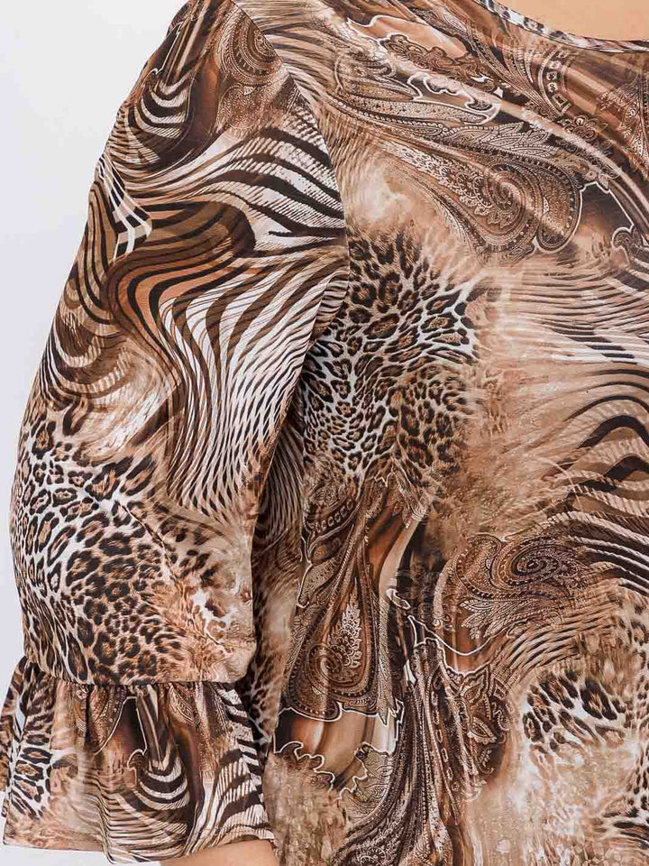 PLUS SIZE 3/4 SLEEVE FRONT POCKETS ANIMAL PRINT RUFFLE BOTTOM HEM MAXI DRESS