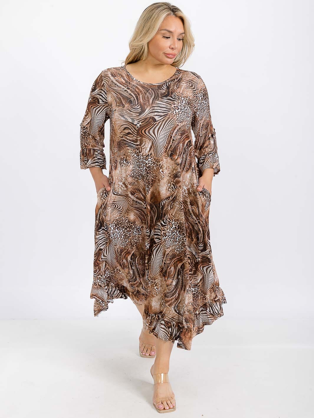PLUS SIZE 3/4 SLEEVE FRONT POCKETS ANIMAL PRINT RUFFLE BOTTOM HEM MAXI DRESS