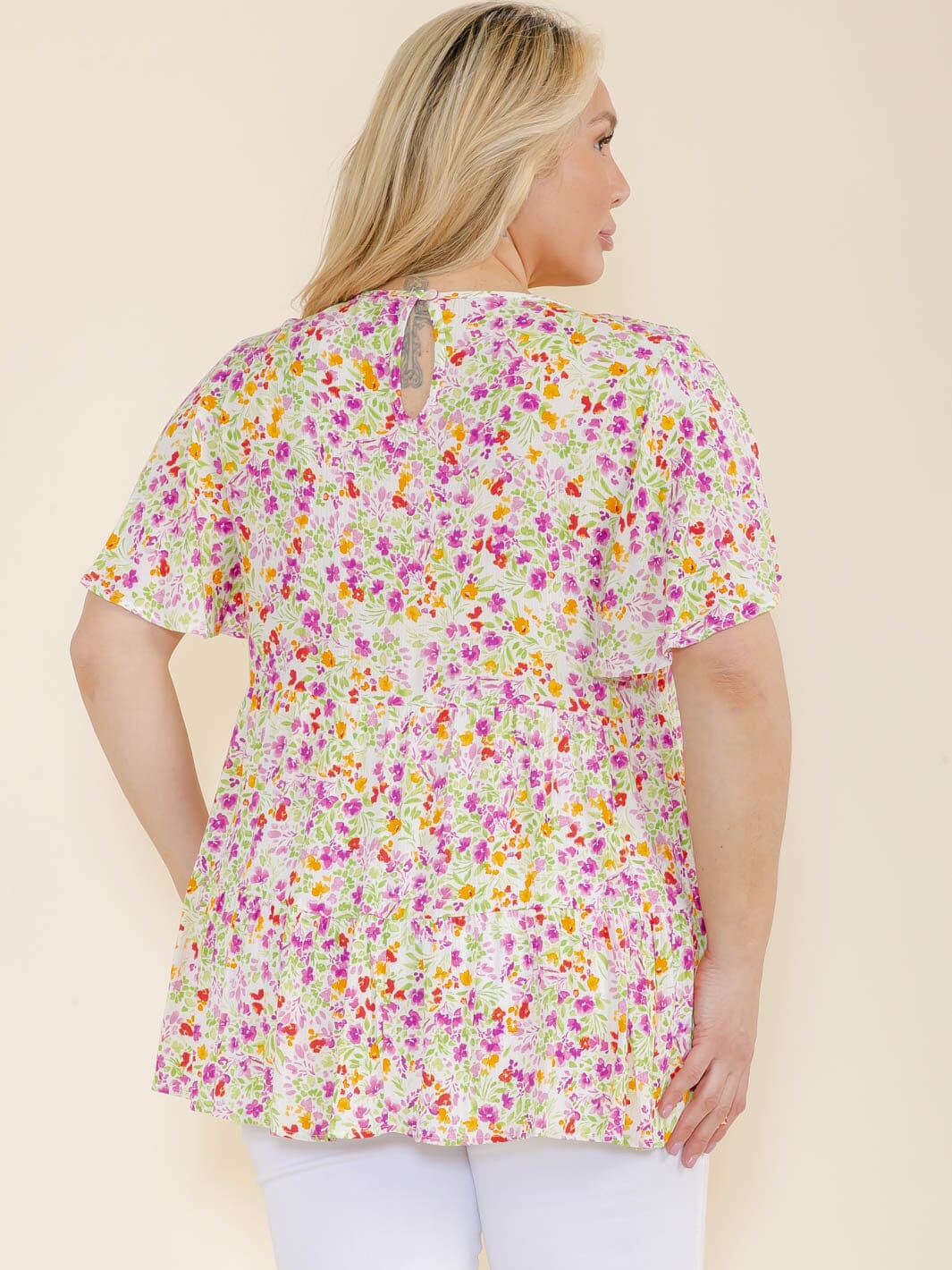 PLUS SIZE SHORT SLEEVE FLORAL PRINT TUNIC BLOUSE