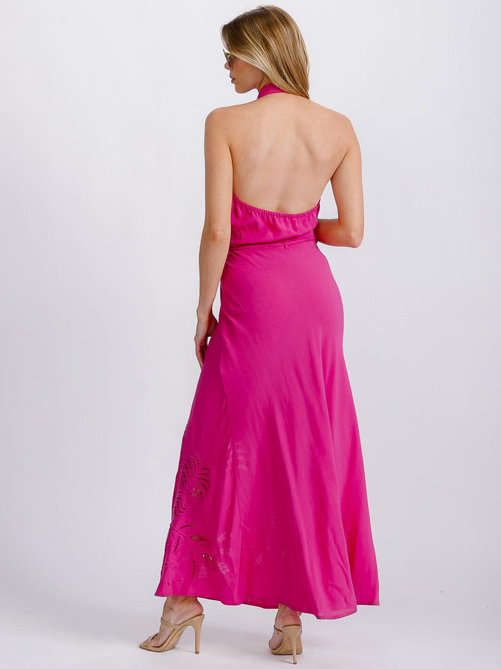 WOMEN'S SLEEVELESS SURPLICE EYELET BOTTON DETAILED OPEN BACK MAXI DRESS