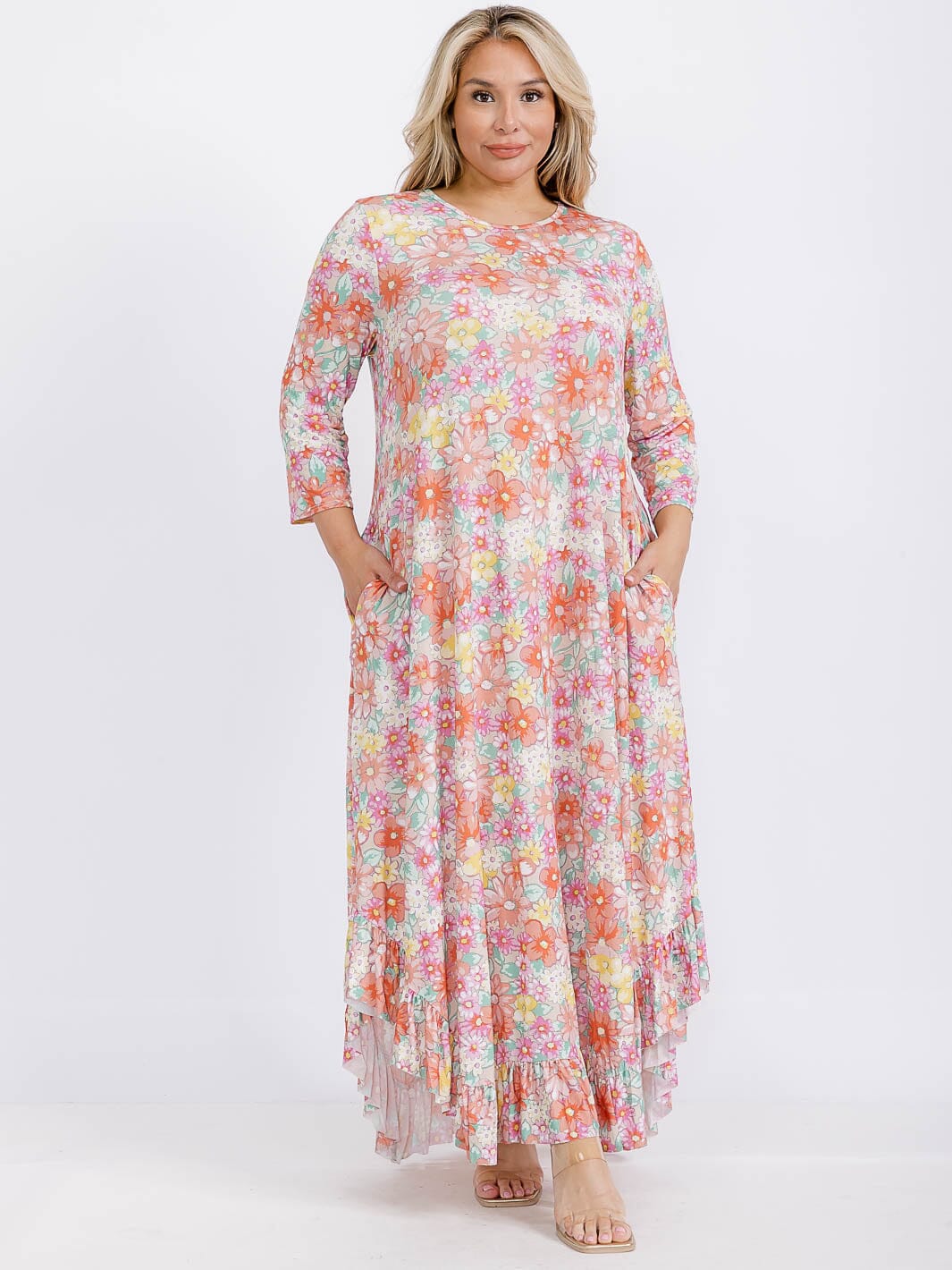 PLUS SIZE 3/4 SLEEVE FRONT POCKETS FLORAL RUFFLE BOTTOM HEM MAXI DRESS