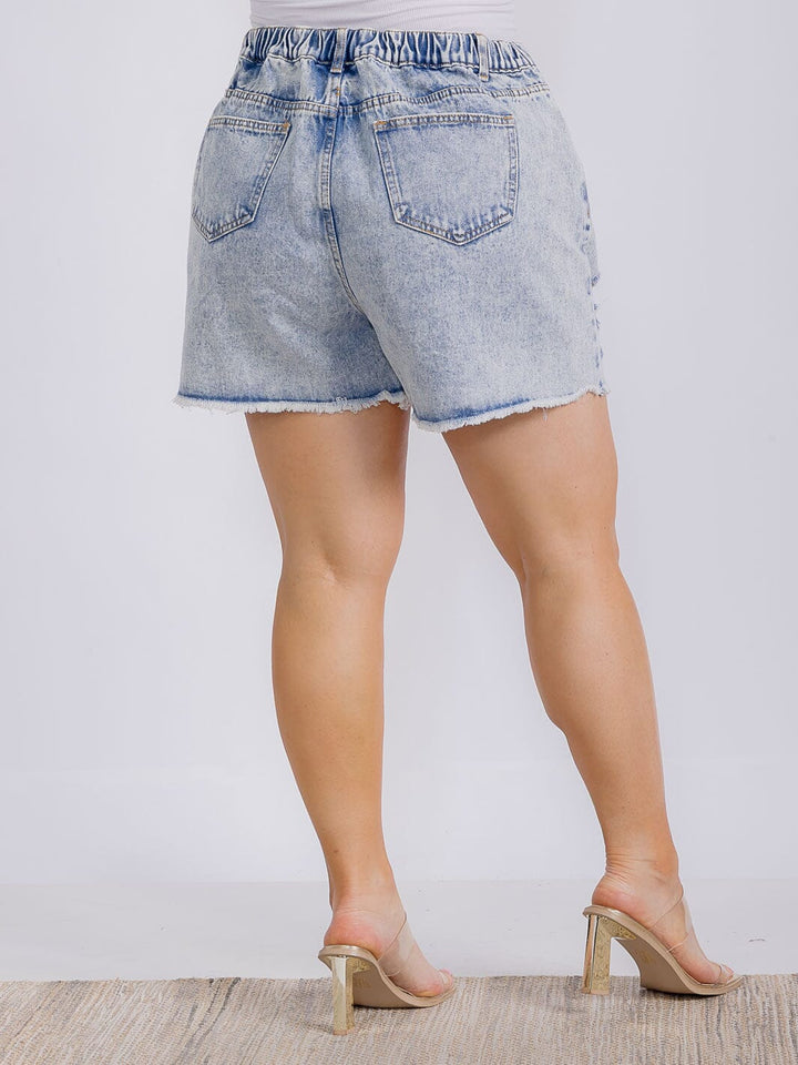 PLUS SIZE ELASTIC WAIST DISTRESSED DENIM SHORT
