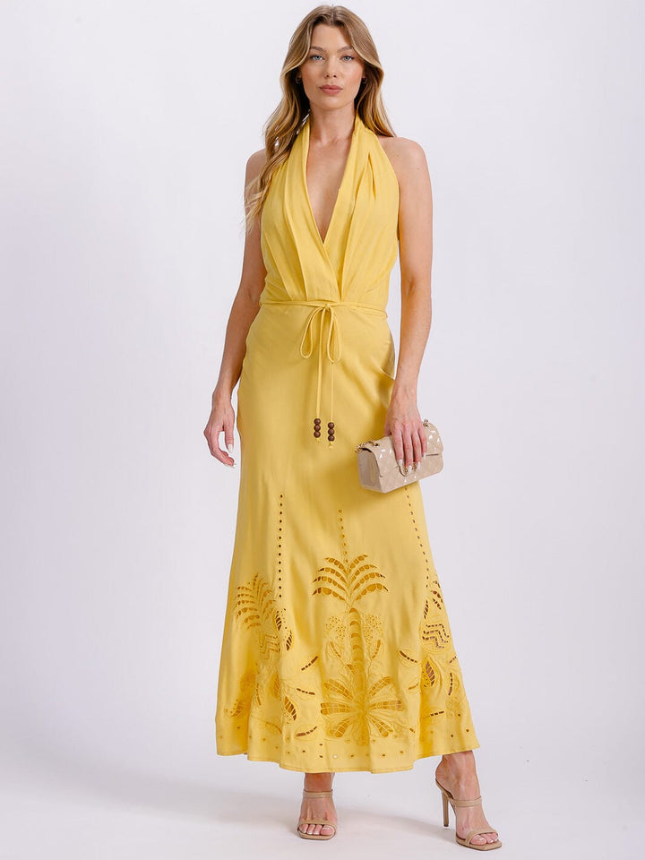 WOMEN'S SLEEVELESS SURPLICE EYELET BOTTON DETAILED OPEN BACK MAXI DRESS