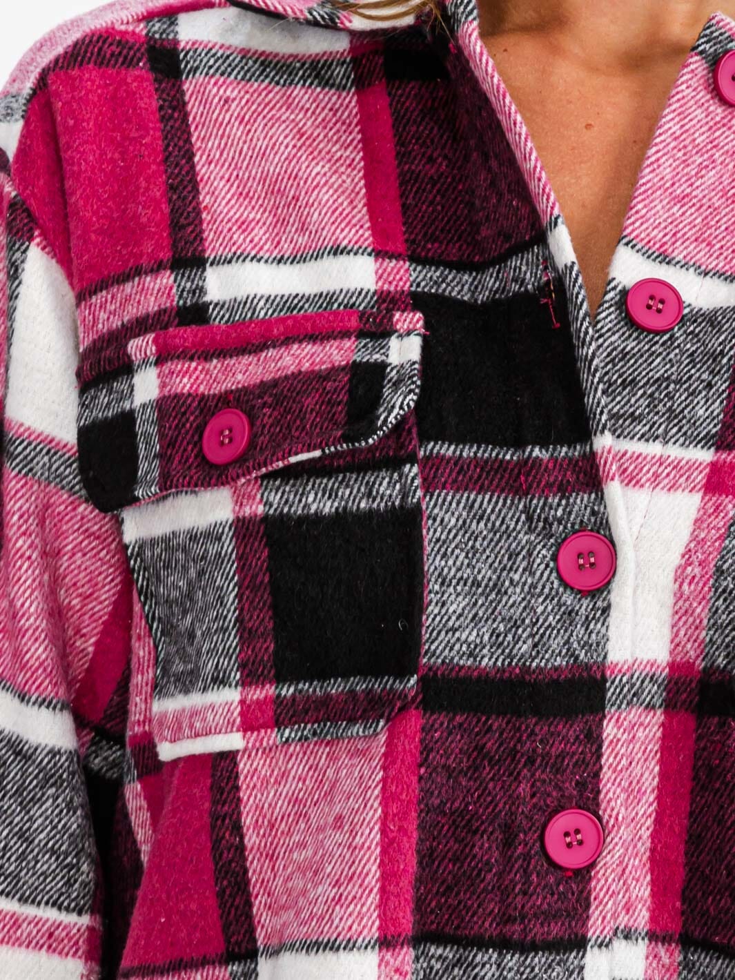 WOMEN'S LONG SLEEVE BUTTON CLOSURE FRONT POCKETS PLAID JACKET