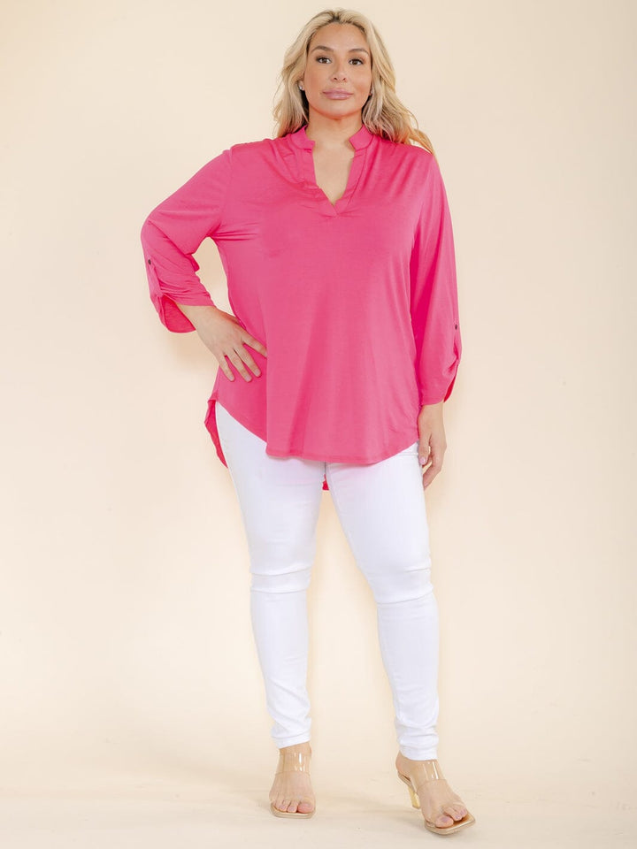 PLUS SIZE 3/4 SLEEVES V-NECK TUNIC HIGH-LOW TOP