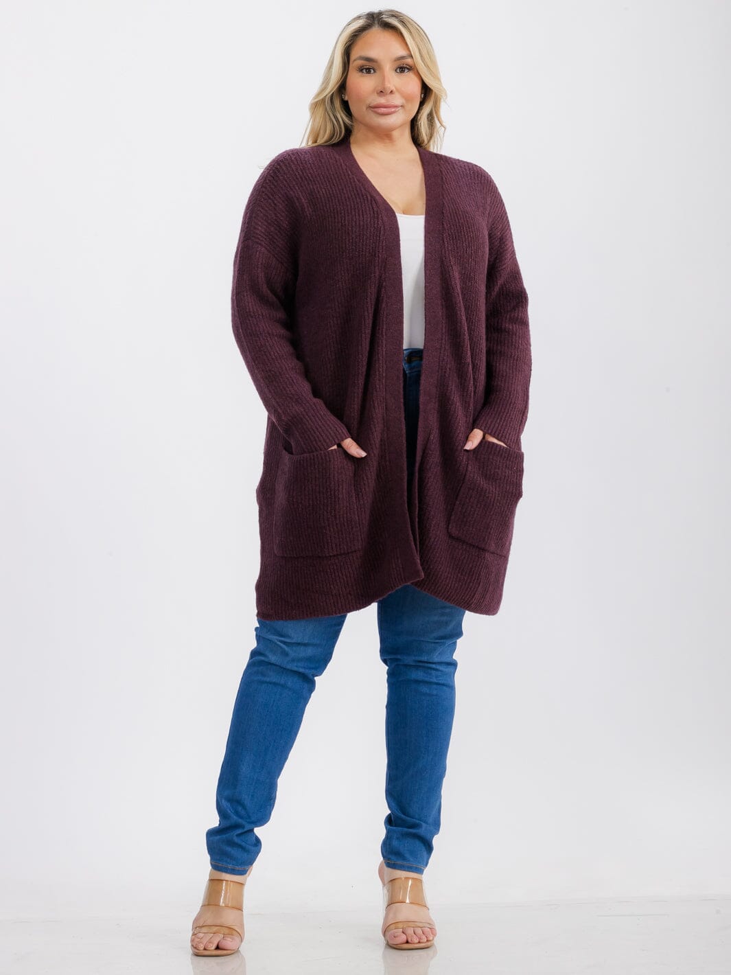 PLUS SIZE LONG SLEEVE OPEN FRONT POCKETS CARDIGAN