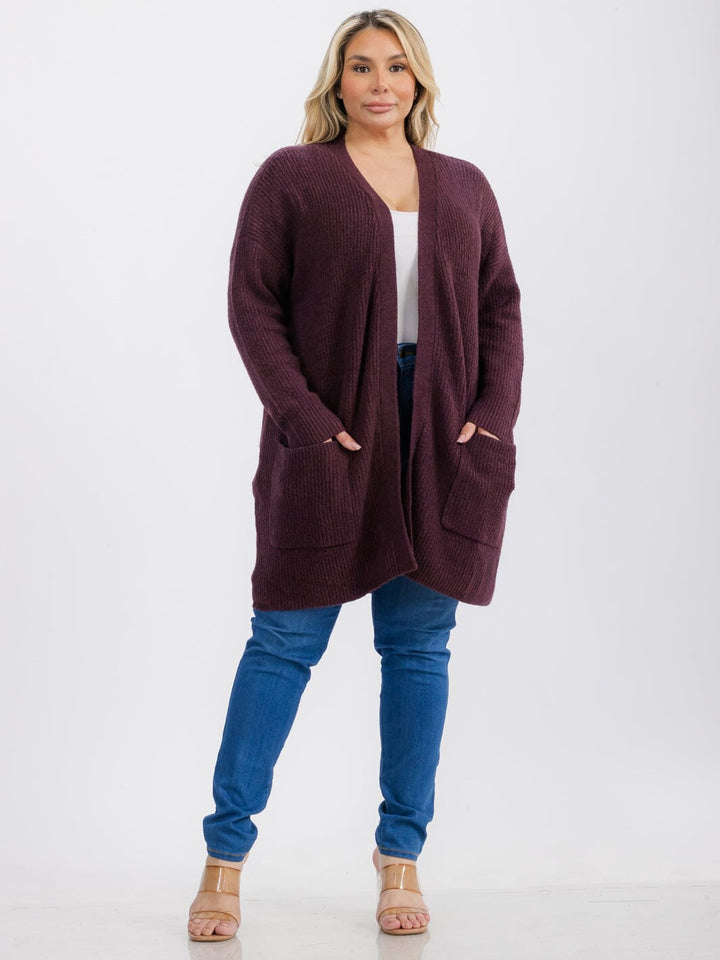 PLUS SIZE LONG SLEEVE OPEN FRONT POCKETS CARDIGAN