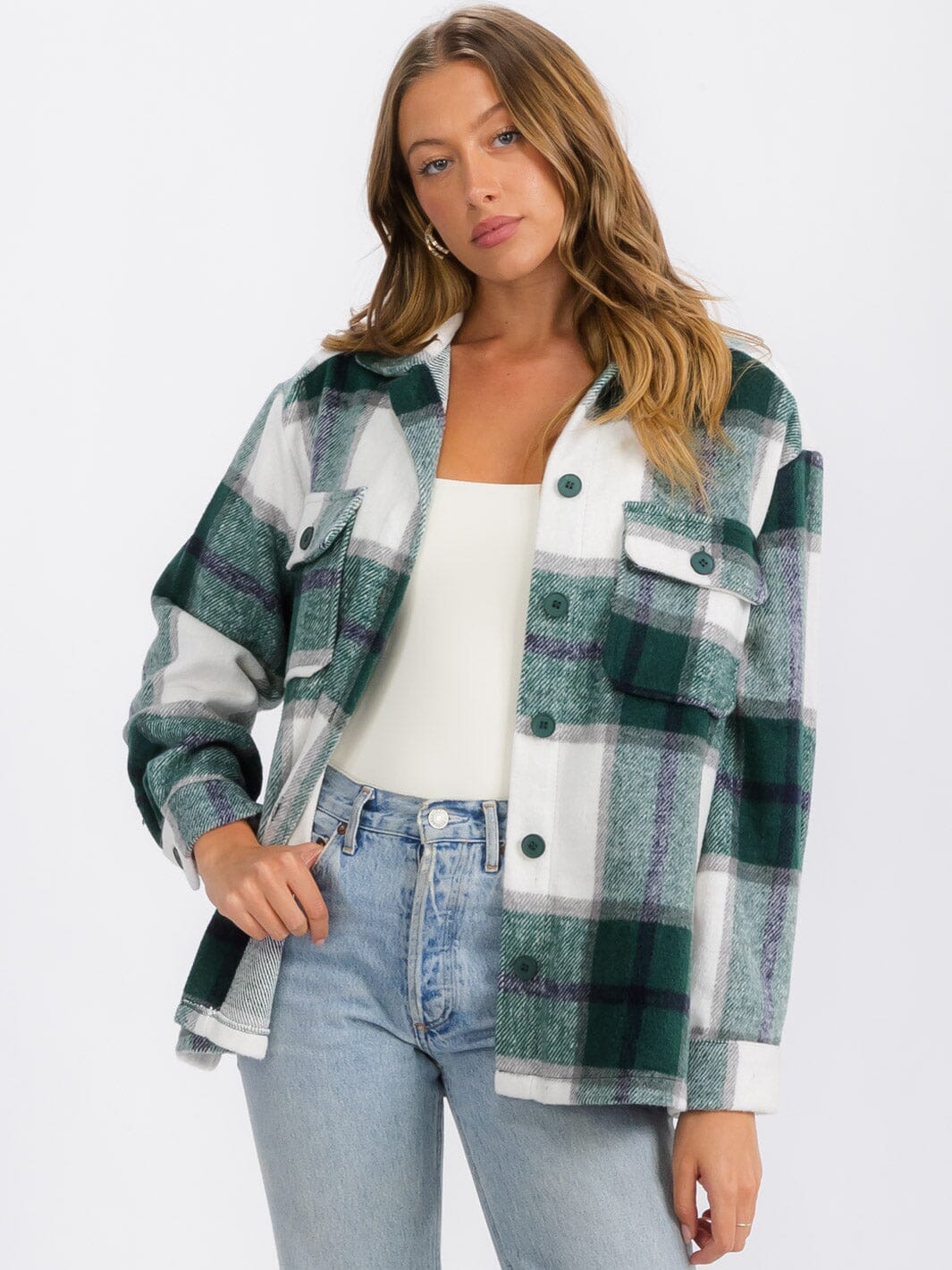 WOMEN'S LONG SLEEVE BUTTON CLOSURE FRONT POCKETS PLAID JACKET