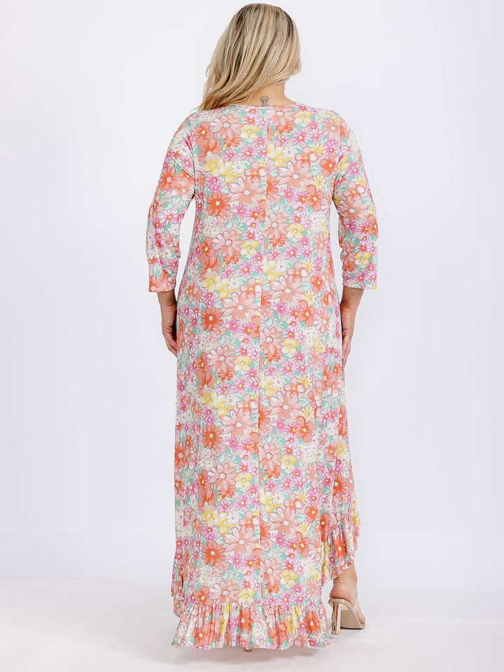 PLUS SIZE 3/4 SLEEVE FRONT POCKETS FLORAL RUFFLE BOTTOM HEM MAXI DRESS