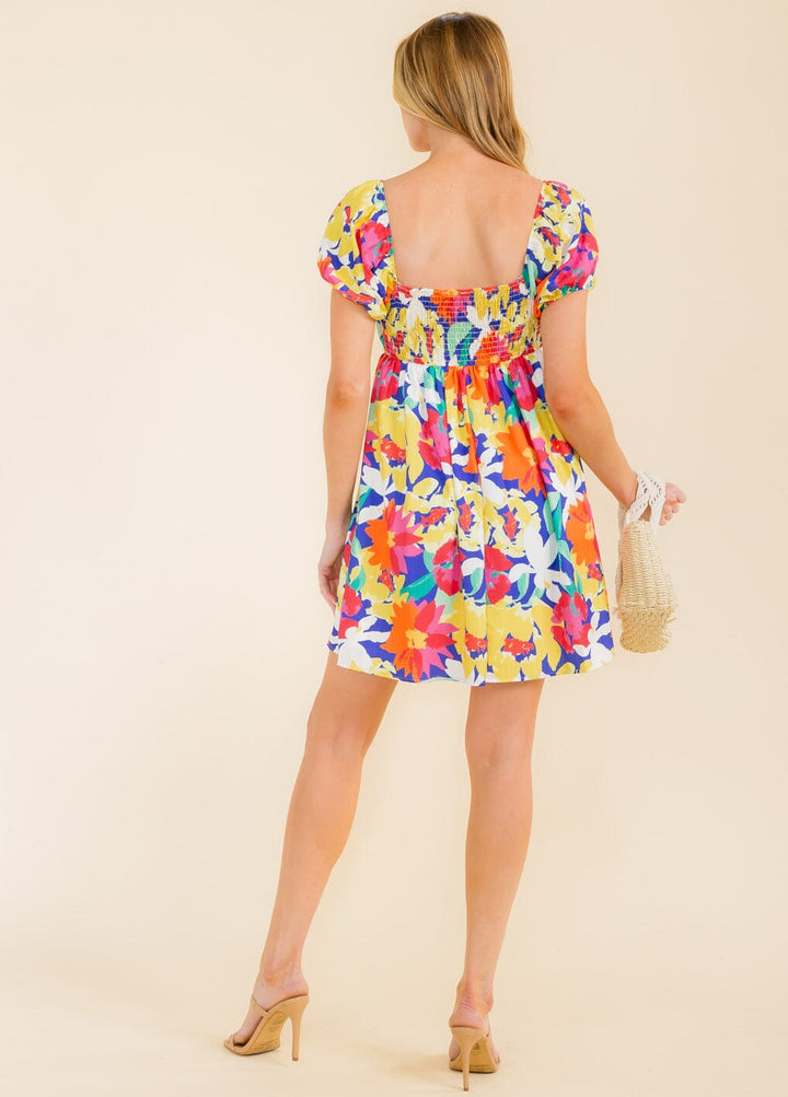 WOMEN'S SHORT SLEEVE SMOCK FLORAL MINI DRESS